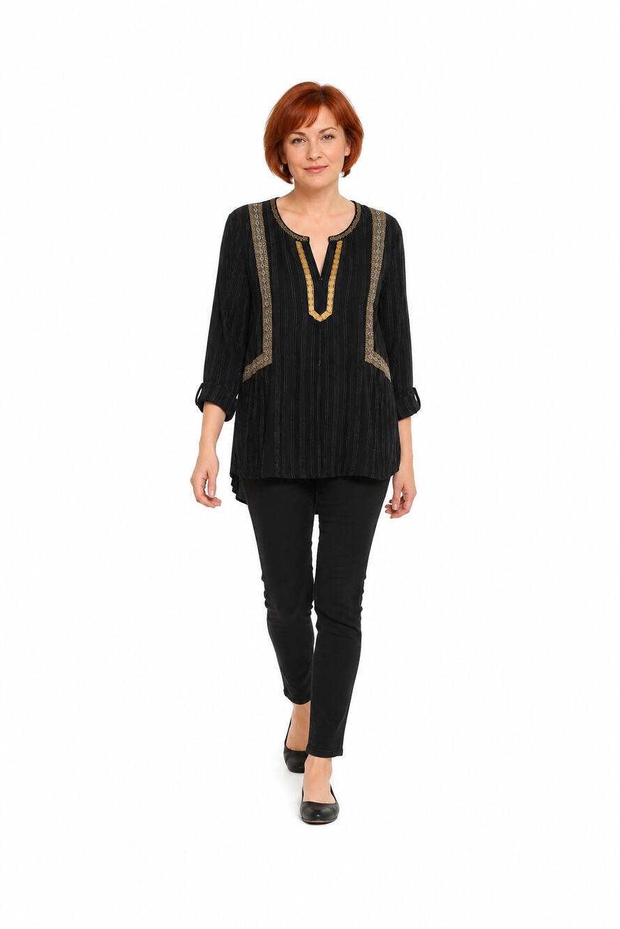LR3618 J. Jill Embroidered Tunic Top Medium Tall Navy Gold Striped Boho